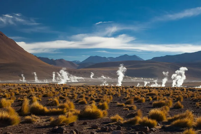 Campo geotérmico do El Tatio, com as fumarolas espalhadas no altiplano